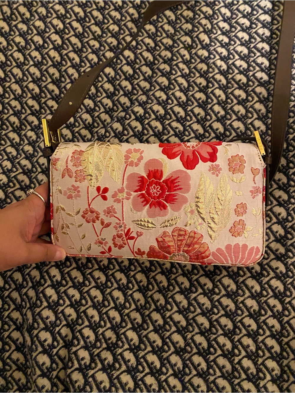 Inspired Floral Pink Embroidered Shoulder Bag with Gold Hardware - Picture 4 of 9